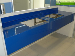 The Park of Science and Technology in Ostrava_blue and yellow countertops with rectangular holes for  integrated ceramic washbasins